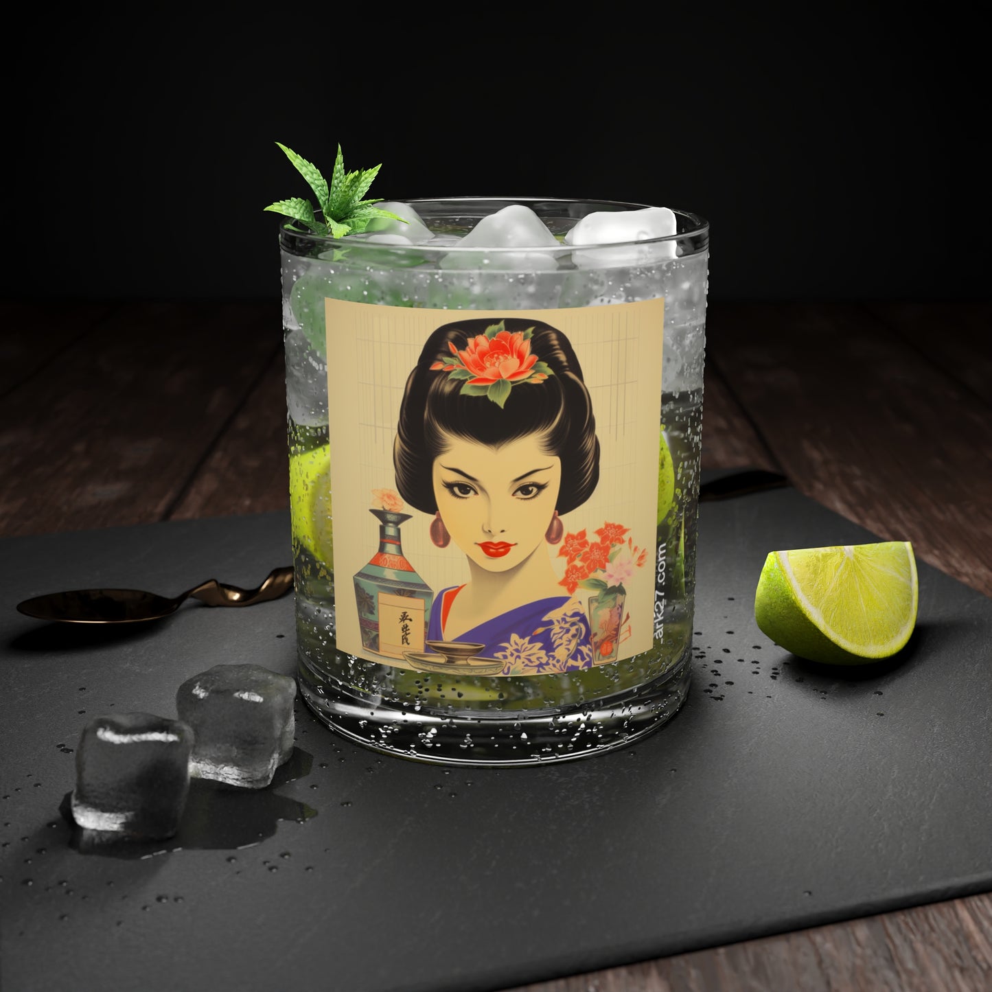 Japanese Sake Ad Bar Glass, Vintage Style Poster, Geisha Edo Whiskey Retro