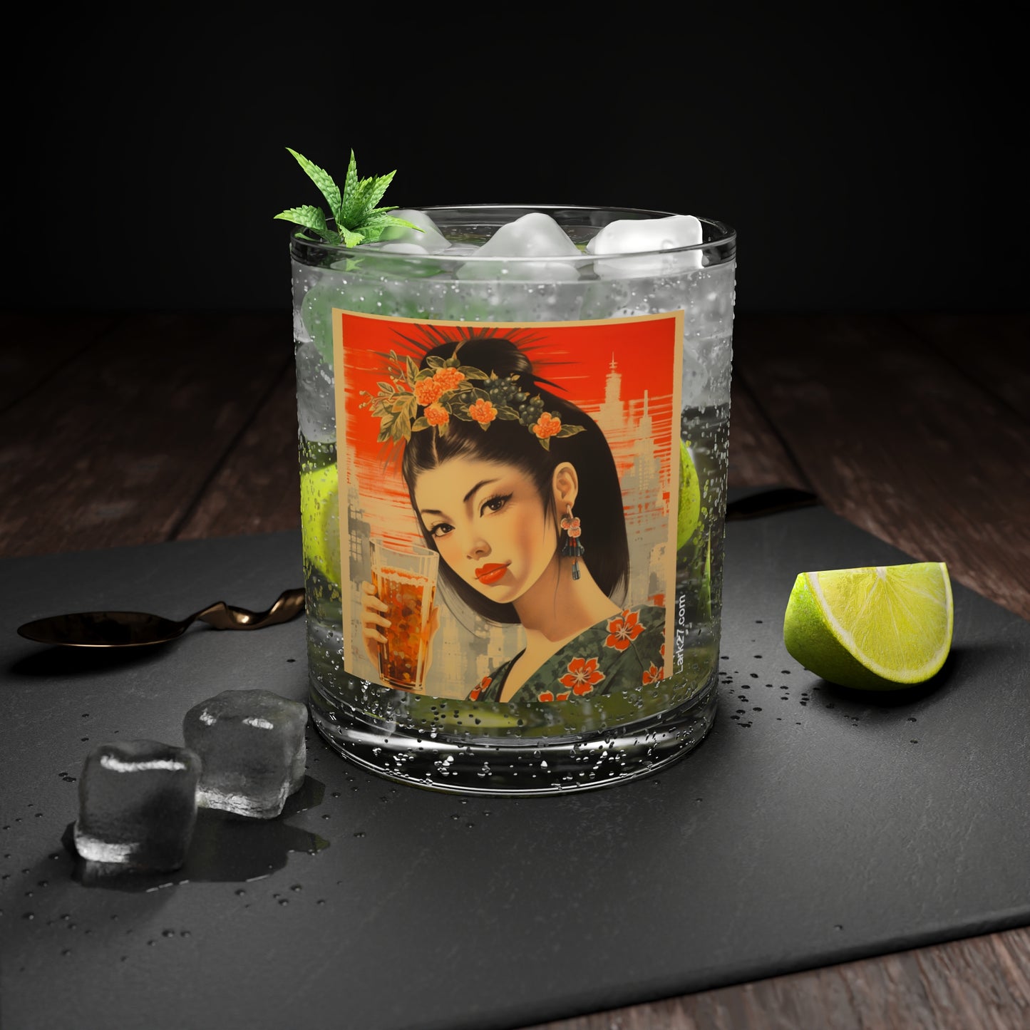 Japanese Alcohol Ad Bar Glass, Vintage Style, Retro Advertisement, Geisha Japan